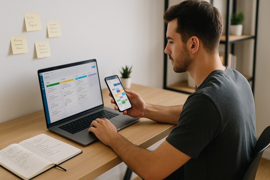 A student entrepreneur using multiple digital apps on a laptop and smartphone to stay organized while working in a modern study environment.