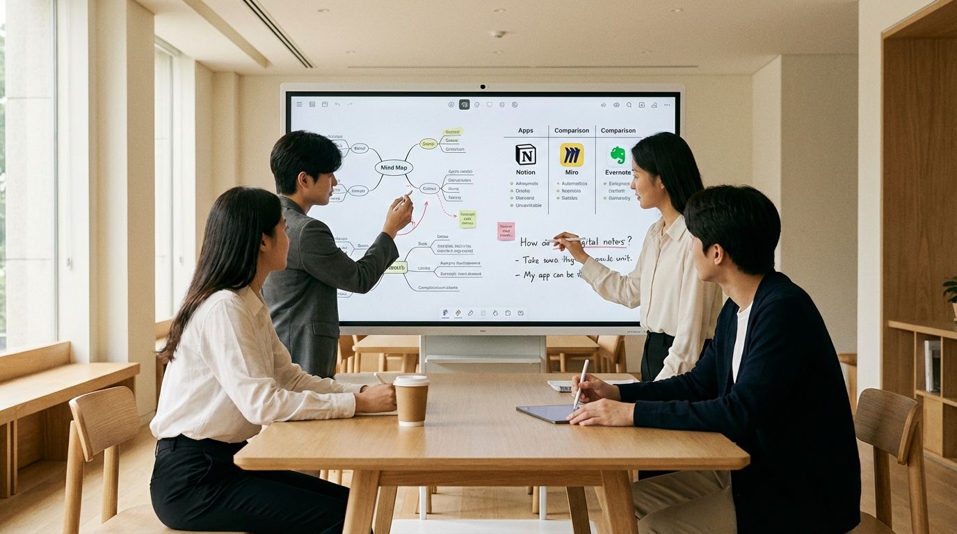 Students collaborating on a digital whiteboard during a group study session on laptops and tablets