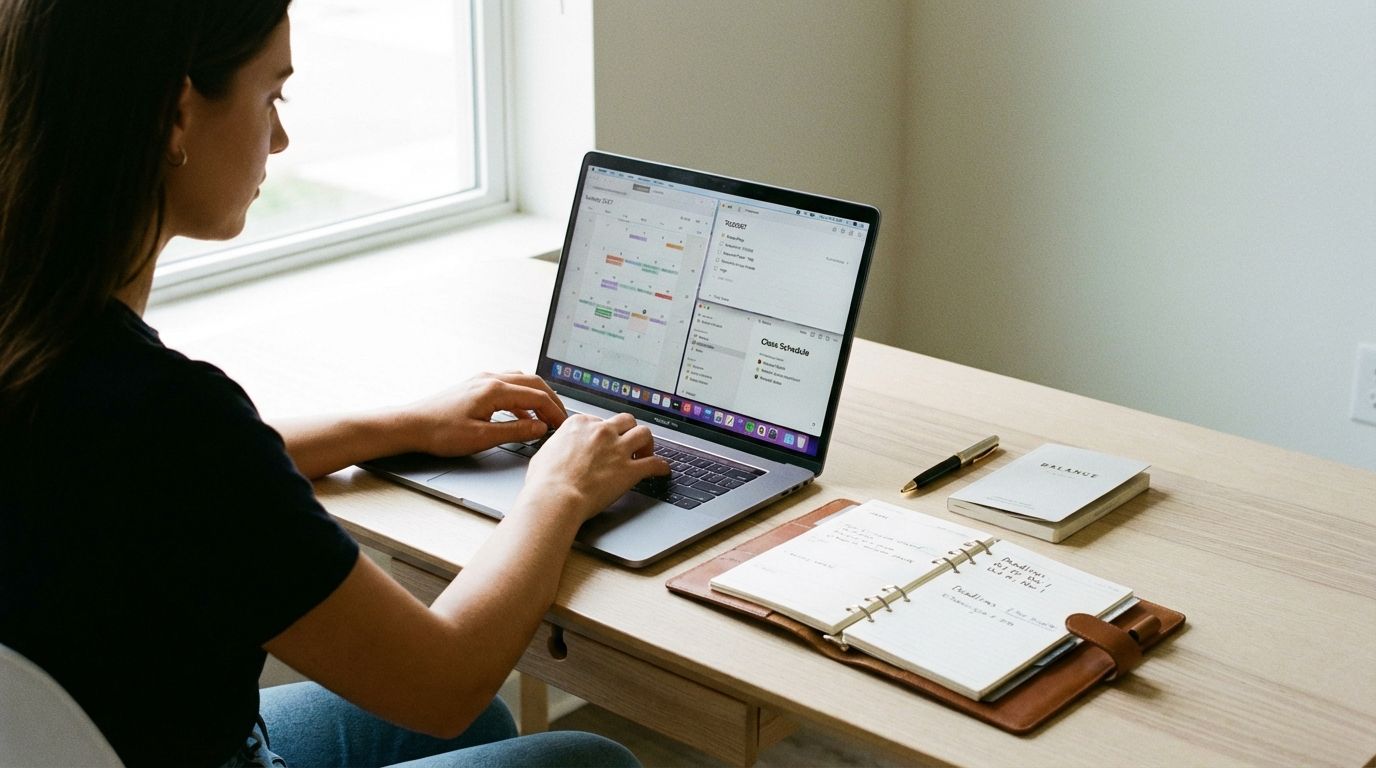 Student planning weekly schedule on a laptop with a calendar and to-do list to balance school and life.