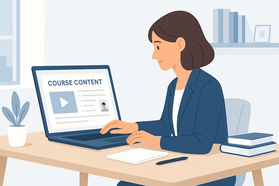 Professional educator designing digital course materials in a modern workspace.
