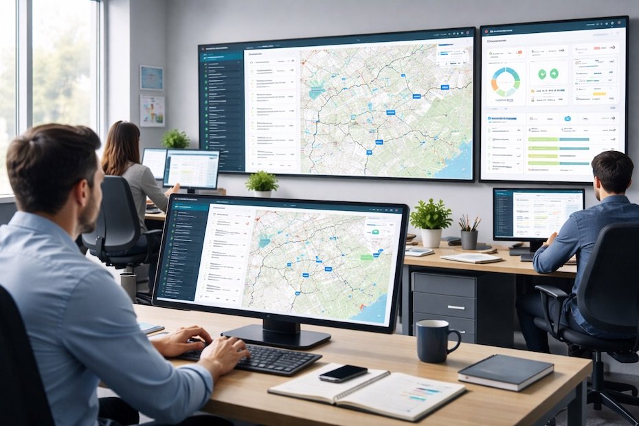 Modern fleet operations dashboard displaying live vehicle tracking and analytics