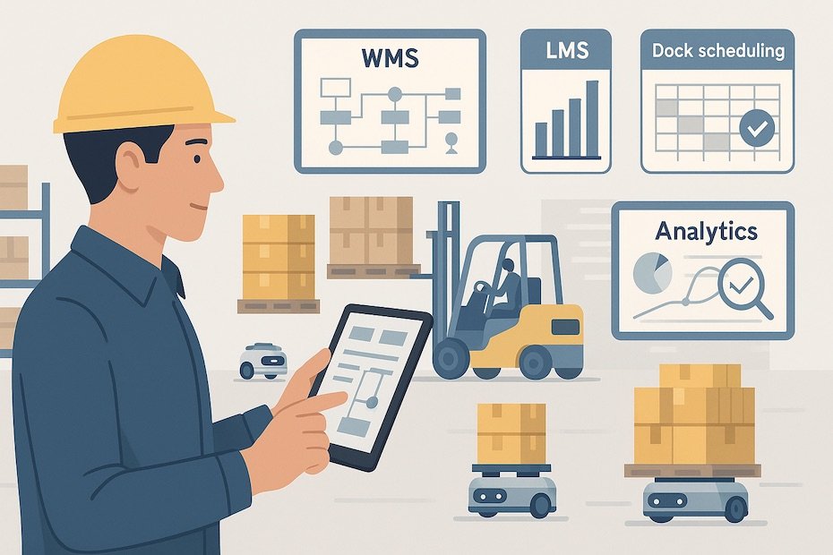 Warehouse manager using digital platforms to oversee inventory, labor, automation, and yard operations in real time