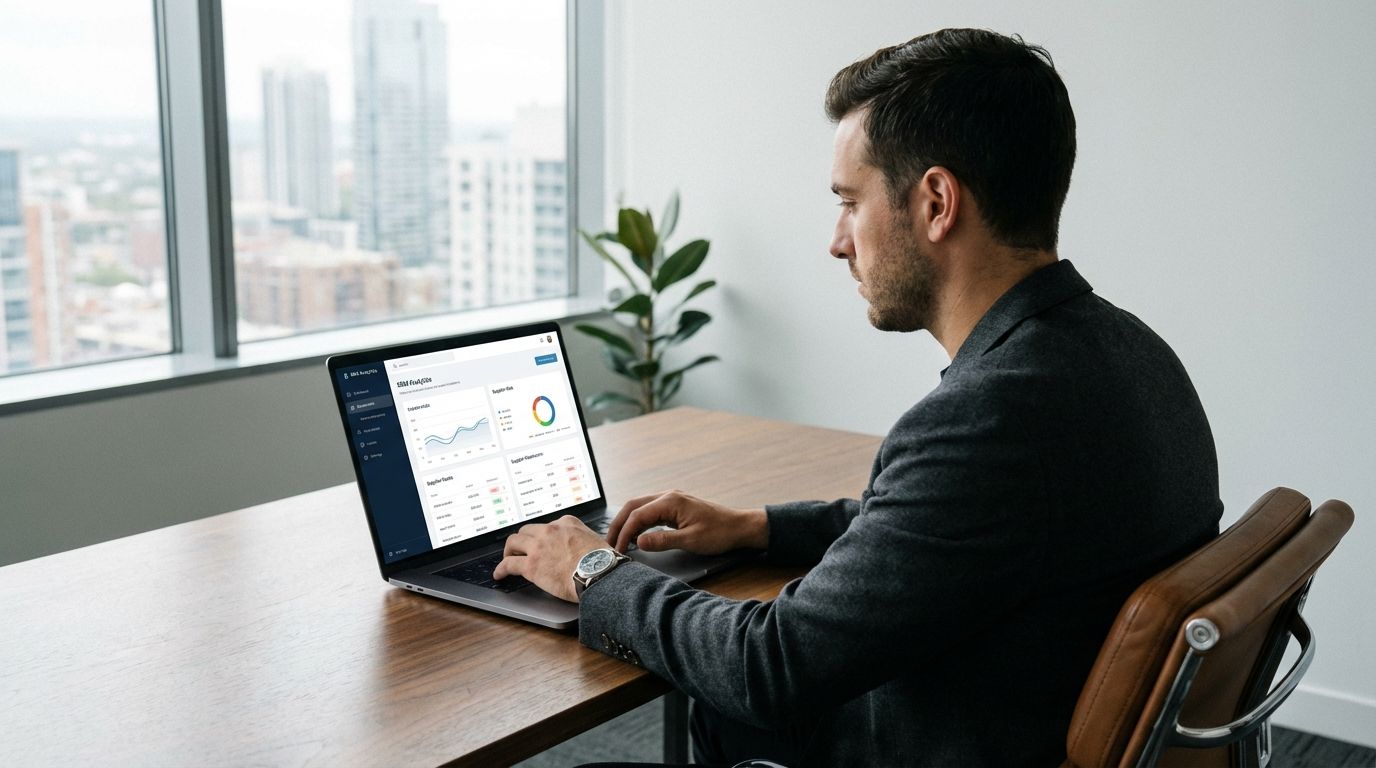 Procurement professional reviewing supplier relationship management platforms on a laptop with charts and supplier data dashboard