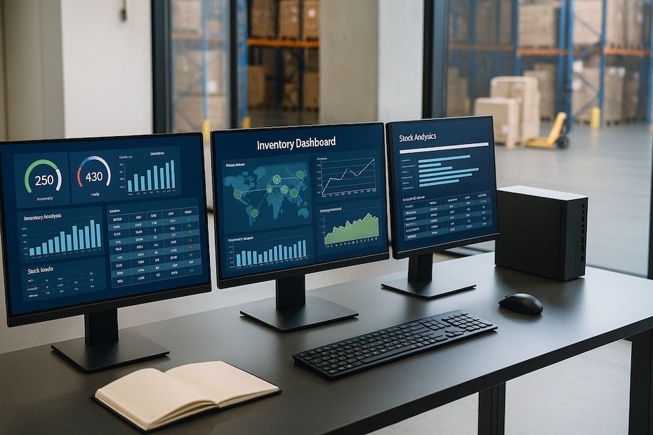 A modern warehouse control desk displaying real-time inventory dashboards and stock analytics on multiple screens.