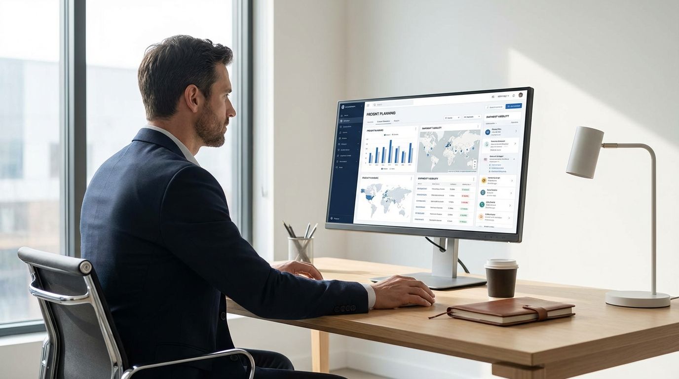 Logistics manager reviewing transportation management software options on a dashboard in a modern office