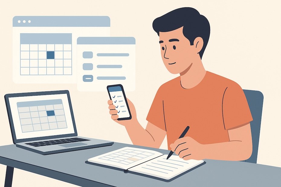 A student using digital apps and planners to manage academic tasks effectively.