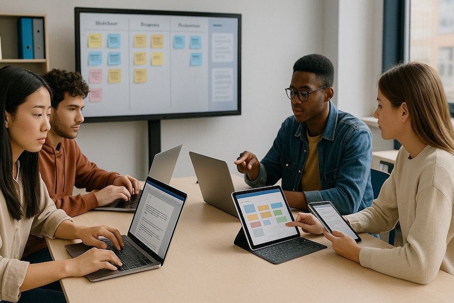 Students collaborating on digital project boards and shared documents inside a modern classroom using multiple EdTech tools.