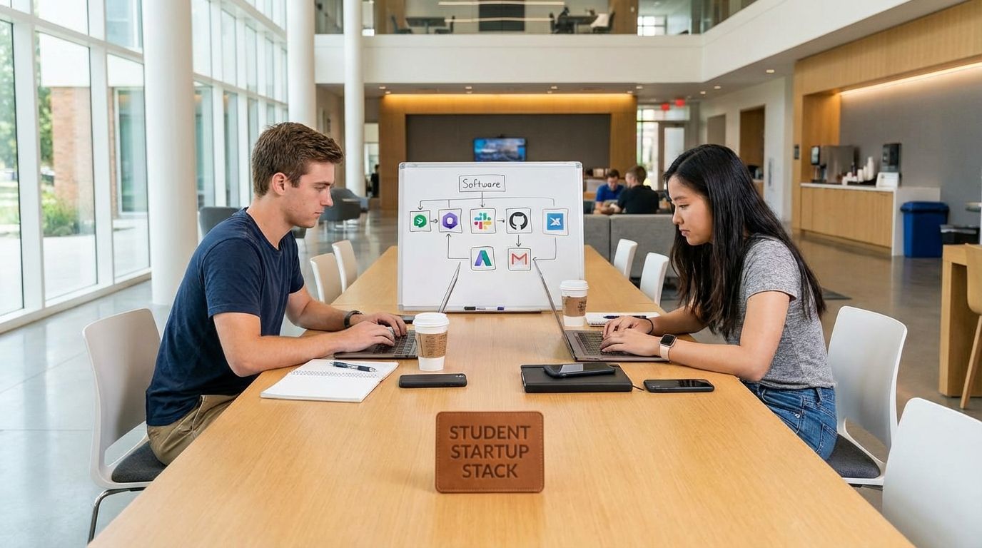 Student founders collaborating on a laptop with GitHub, Notion, Figma, Vercel, Stripe, Startup School, and Product Hunt icons.