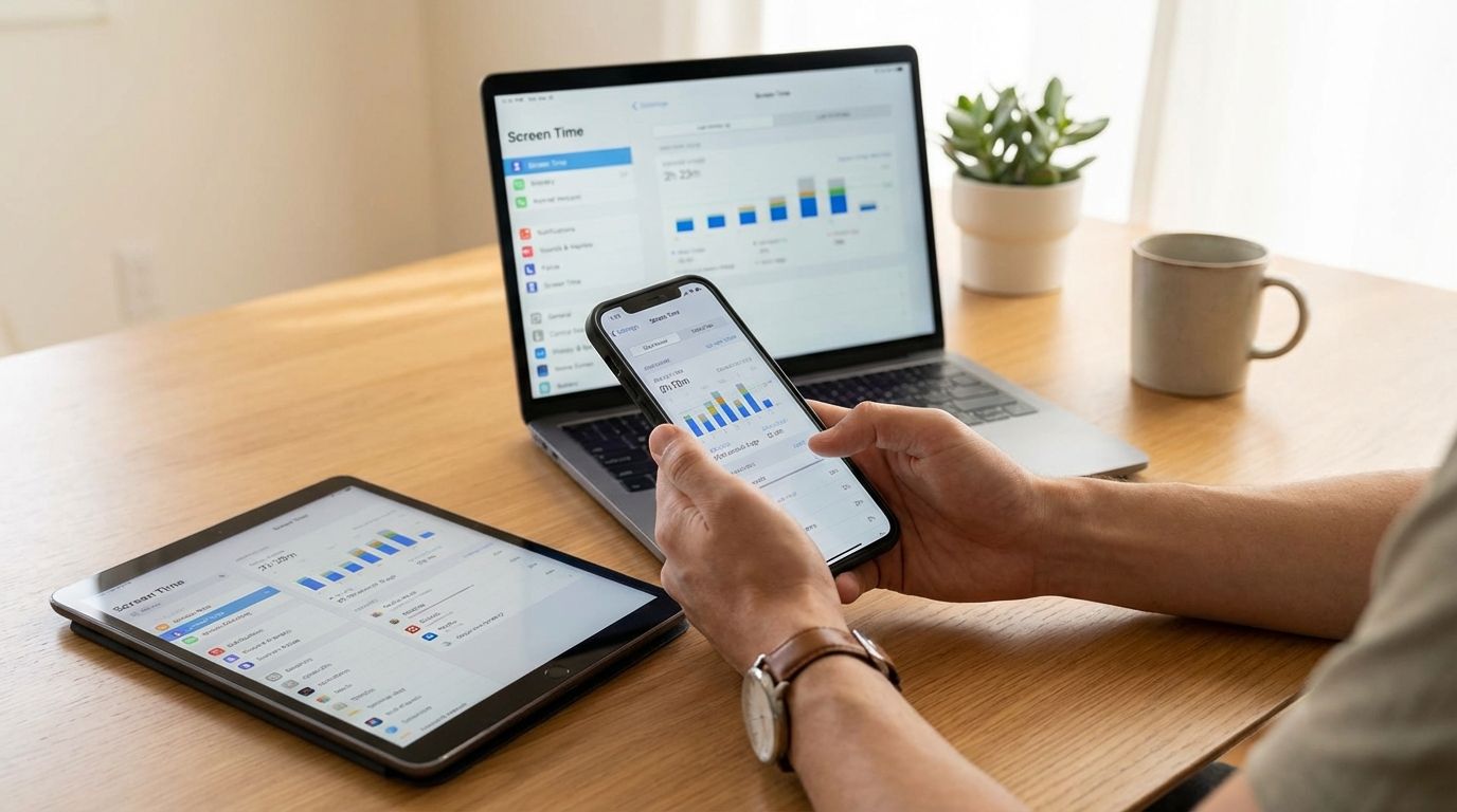 Person using a smartphone and laptop while reviewing screen time apps for managing digital habits