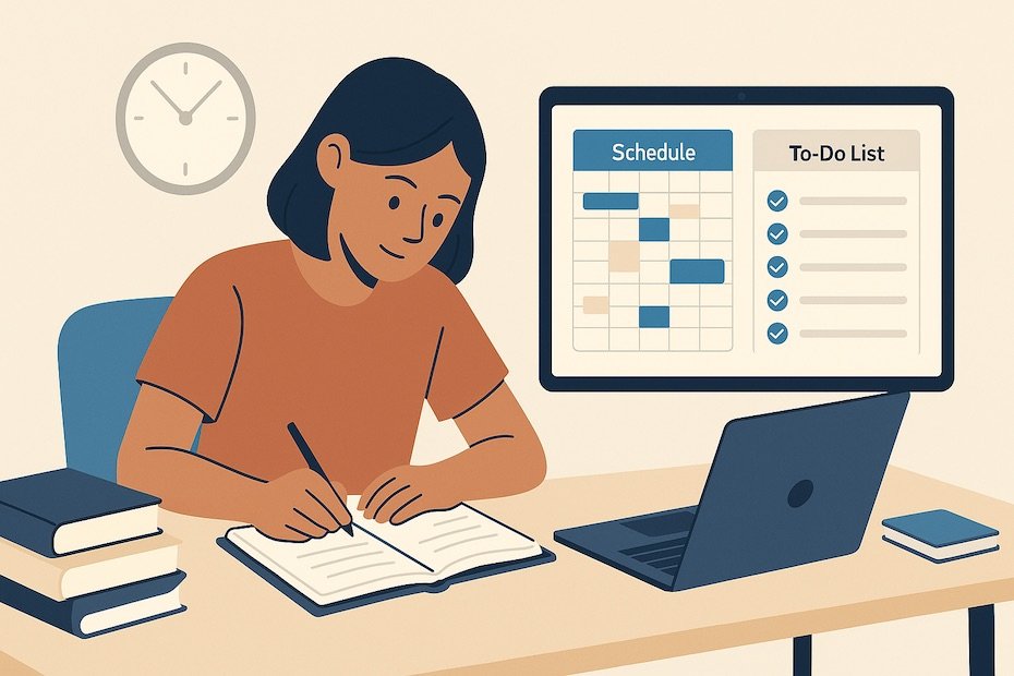 Student using digital planner and study schedule for effective time management.