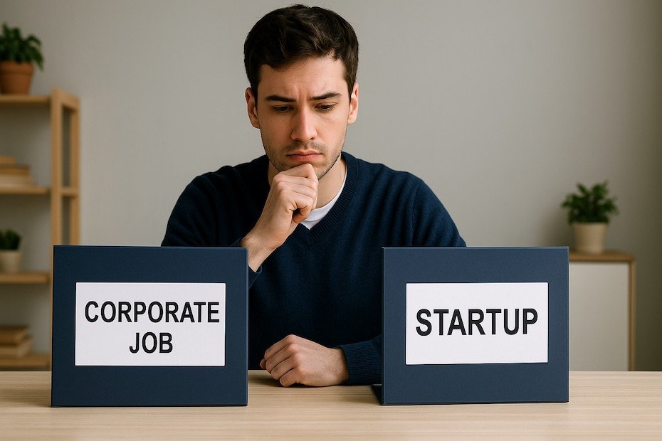 A college graduate deciding between corporate work and launching a startup
