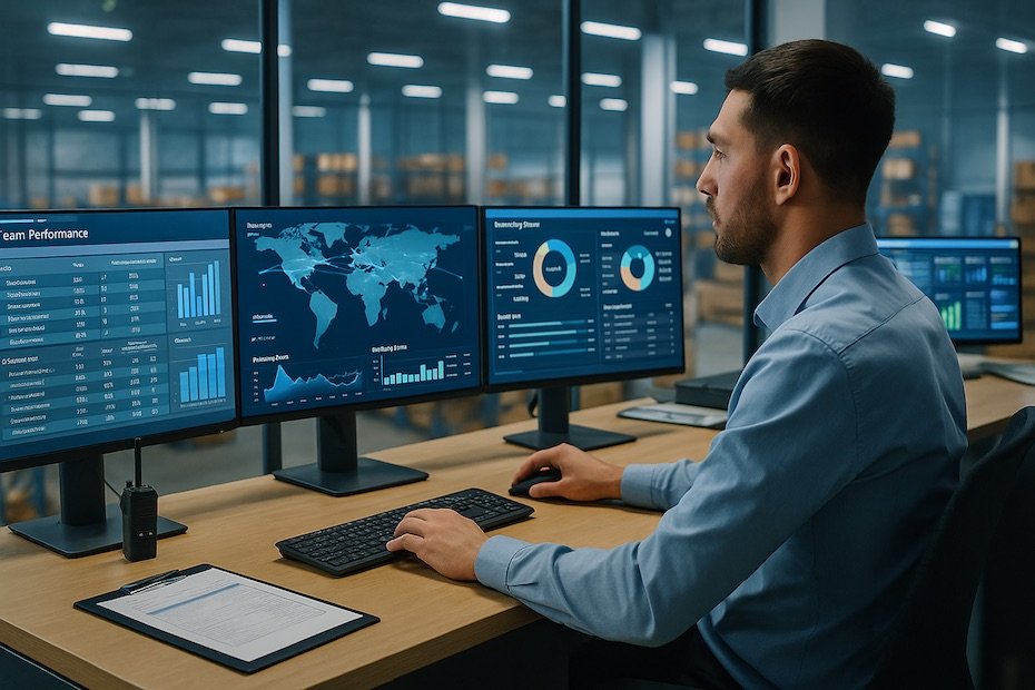 Supply chain manager reviewing dashboards and coordinating team performance in a modern logistics environment