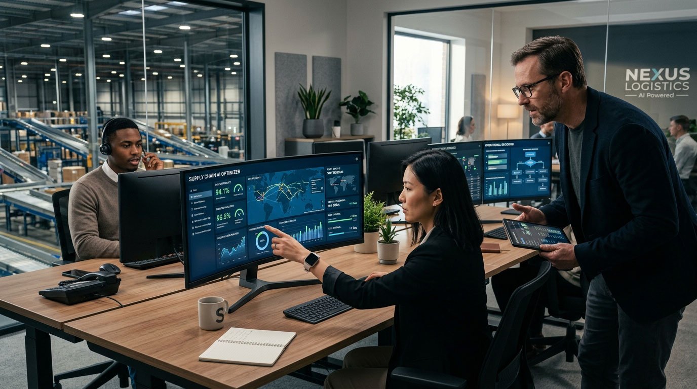 Supply chain professionals reviewing AI-driven logistics and planning data on screens in a modern operations office