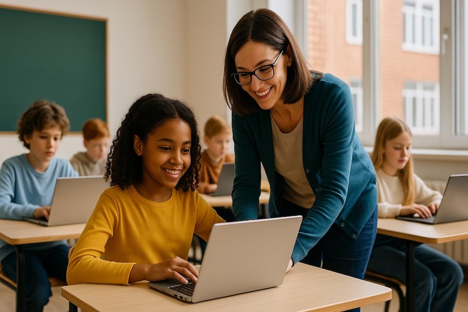 Students using laptops in a classroom with teacher assisting