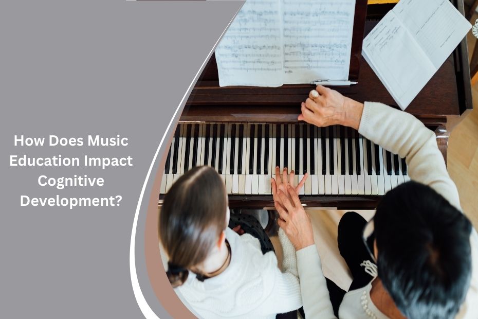 A young student playing the piano while learning music in a classroom setting.