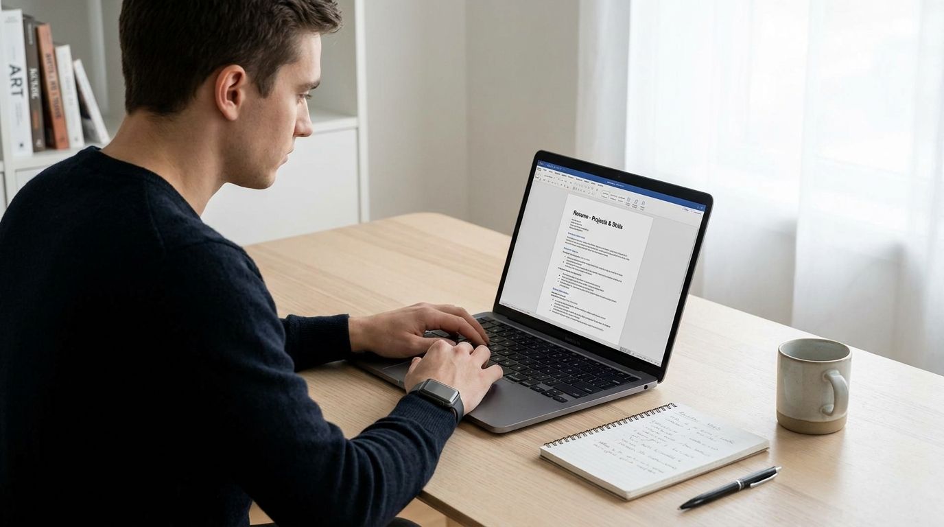 Student reviewing and building a strong resume on a laptop with notes and documents on a desk