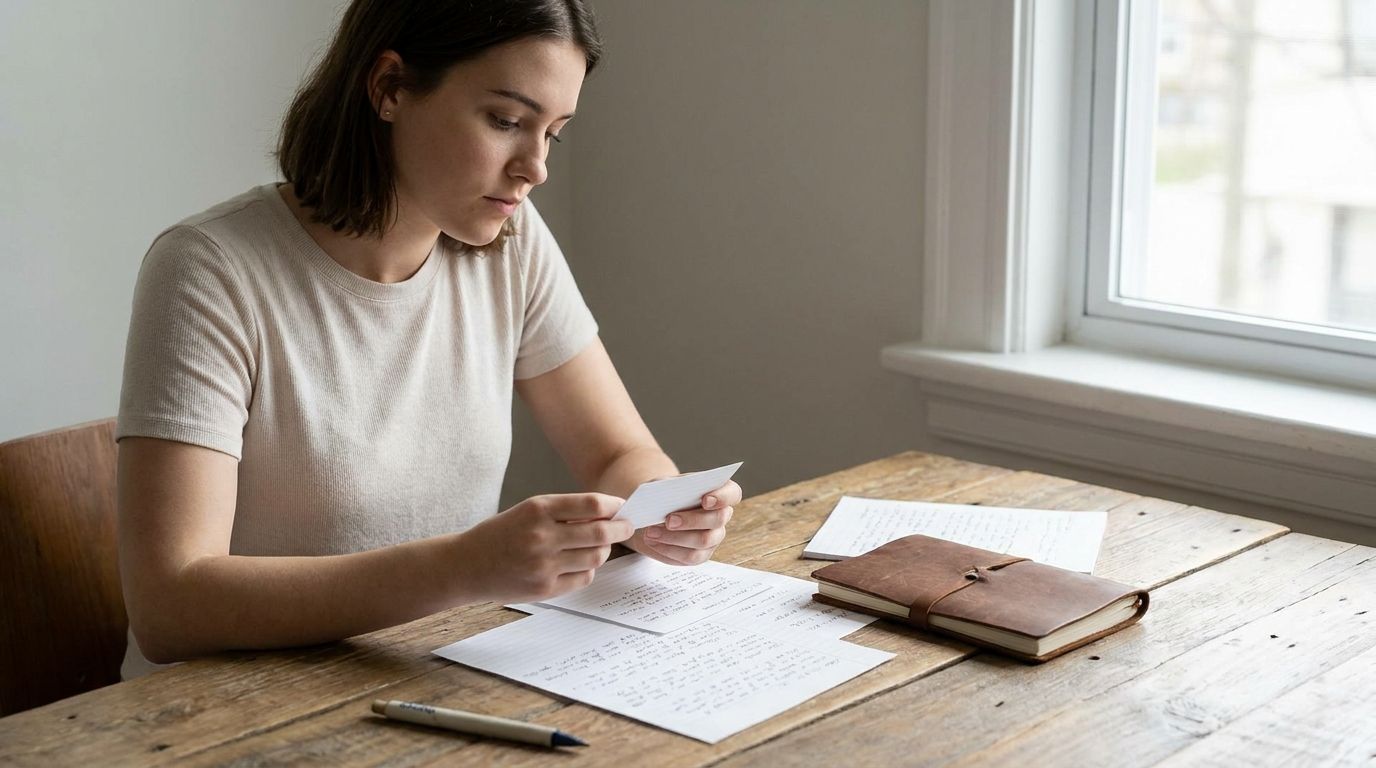 Student using flashcards and notes at a desk to memorize faster and retain information longer