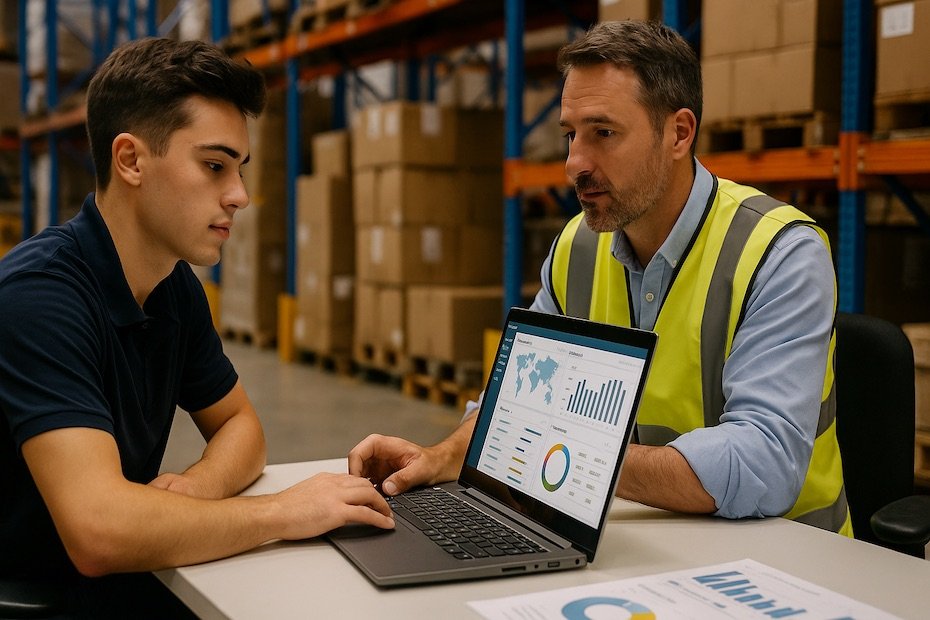 Supply chain intern collaborating with a supervisor at a warehouse terminal reviewing real-time dashboards on a laptop.