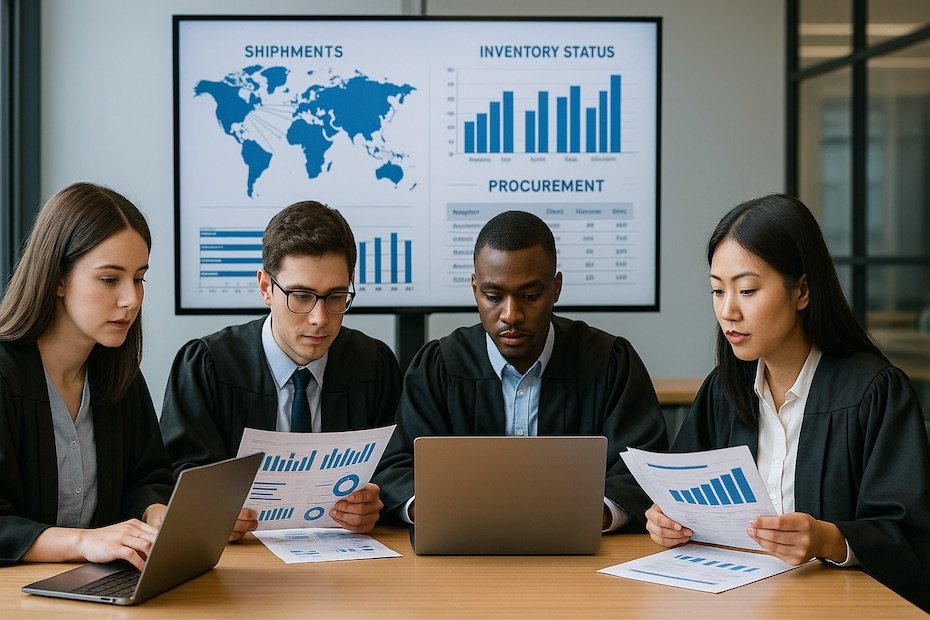 Graduate students collaborating on supply chain dashboards and reports during a simulation exercise.