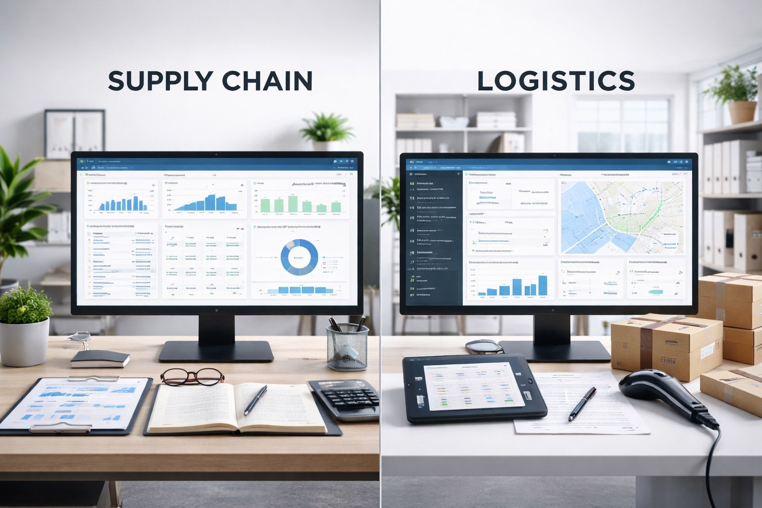 A modern workspace showing supply chain planning data alongside logistics operations tracking on digital dashboards.