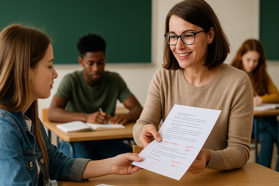 Teacher giving written feedback to a student in a classroom