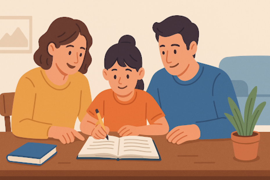 Parents engaging with their child in a learning activity