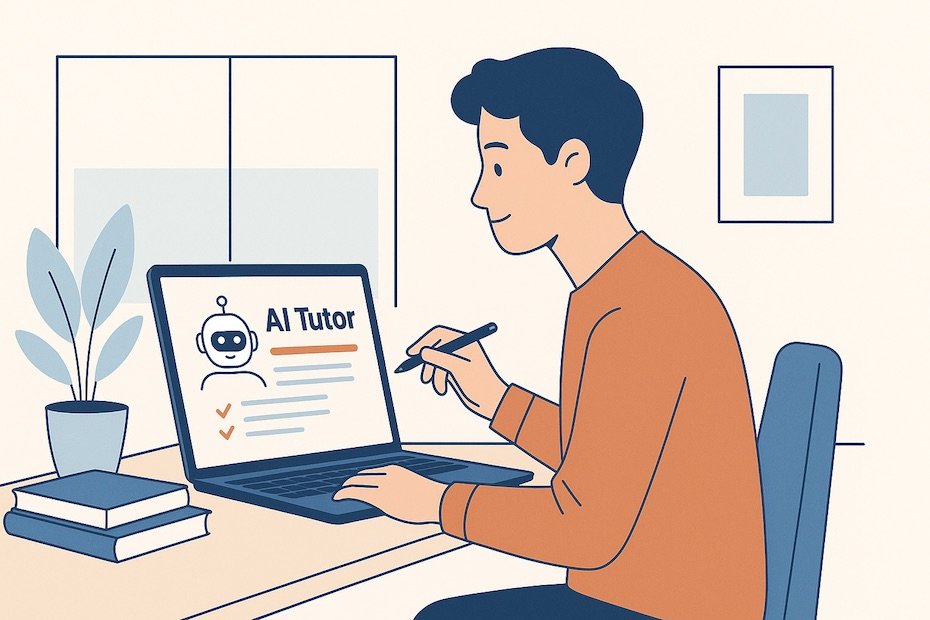 Student studying with an AI-powered tutoring app on a laptop in a modern workspace.