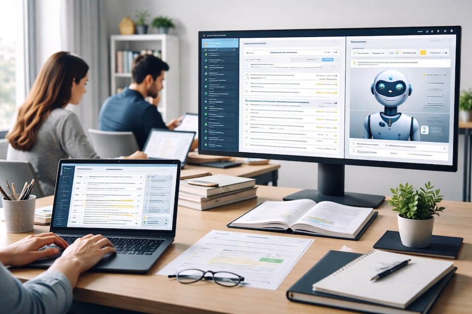 Professional academic workspace using AI research tools to organize sources and draft scholarly content