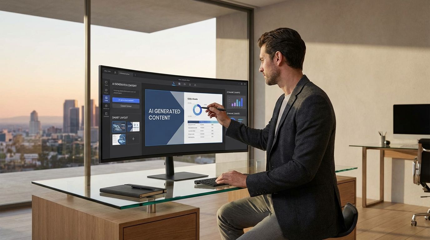 Professional creating an engaging slide deck with AI presentation tools on a laptop