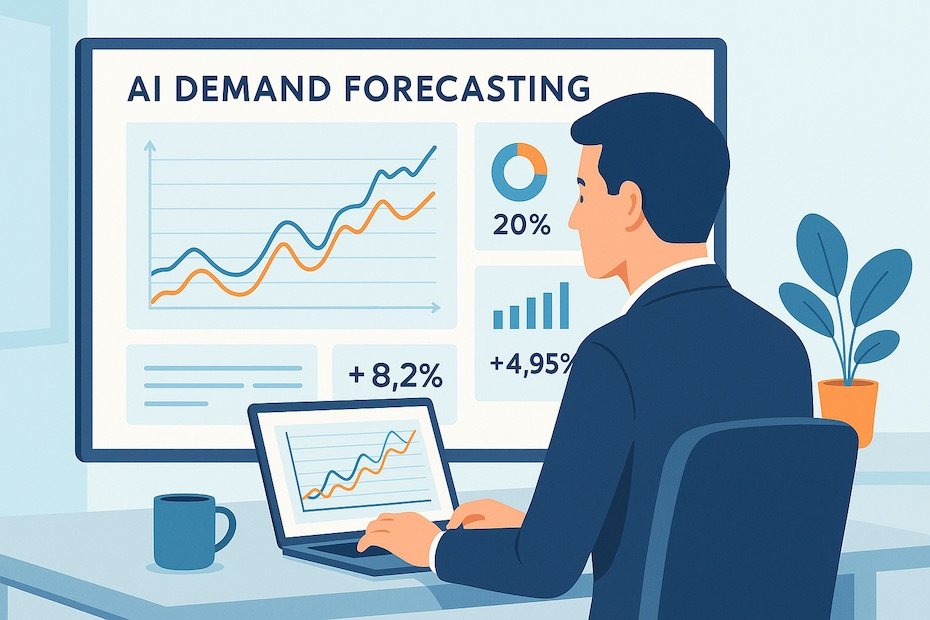 Supply chain analyst reviewing AI demand forecasting dashboard on a large screen in a modern office.