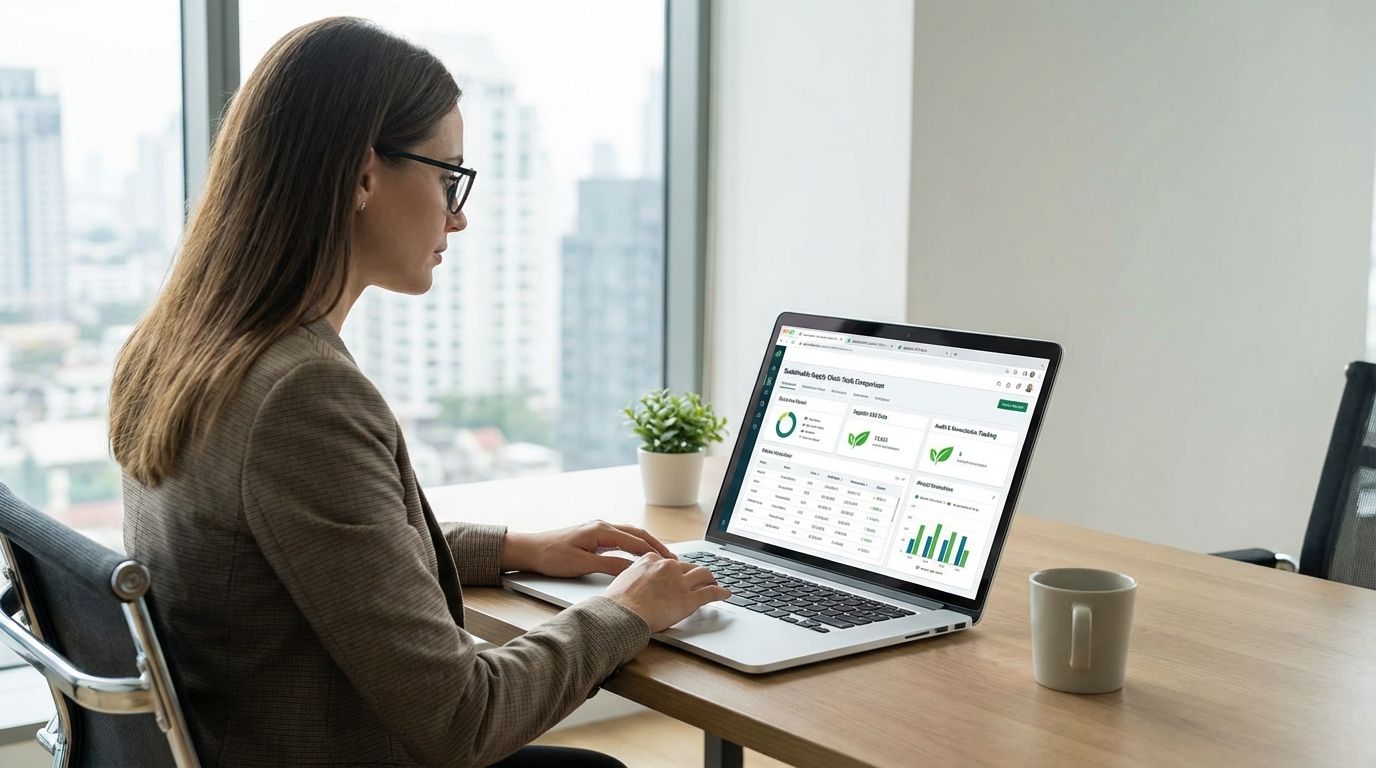 Procurement manager reviewing sustainable supply chain tools dashboard with supplier ESG ratings and audit status