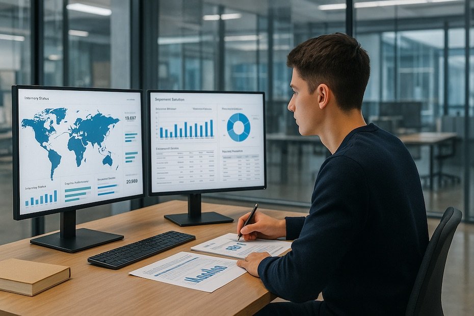 A graduate student analyzing logistics dashboards in a university research center, representing leading global supply chain universities.