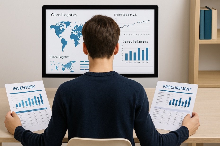 Student analyzing logistics dashboards and supply chain reports in a modern academic environment.