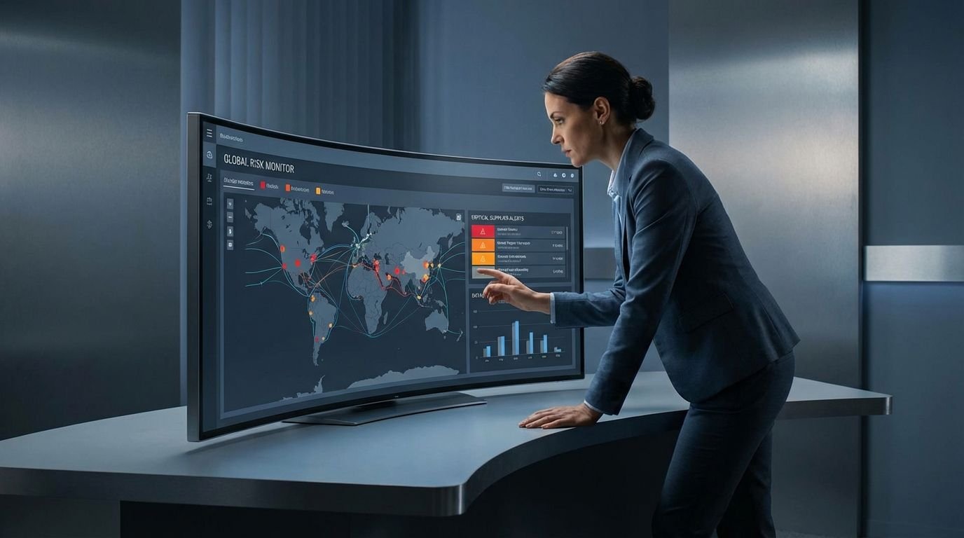 Supply chain manager reviewing a digital dashboard with highlighted supplier risks, shipment lanes, and disruption alerts in a control tower setting