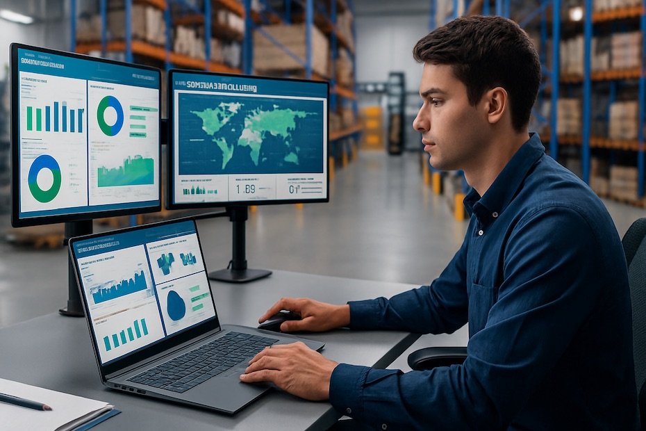 Young professional analyzing supply chain dashboards in a modern logistics office