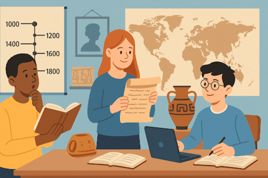 Illustration of students analyzing historical maps, artifacts, and documents